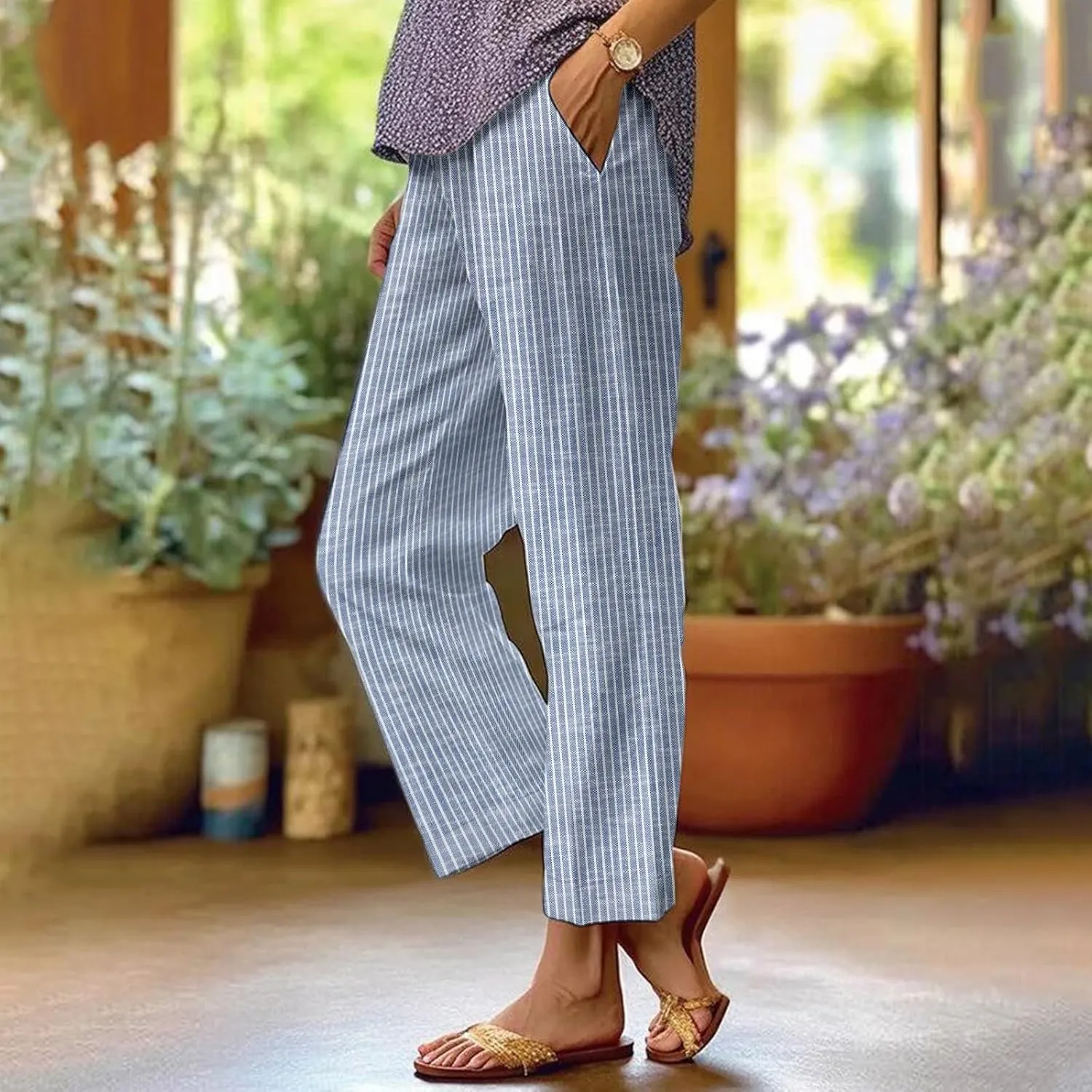 Women's Cotton Linen Pants Casual Boho Floral Print Elastic Waisted Drawstring Summer Palazzo Beach Baggy Capri Pant
