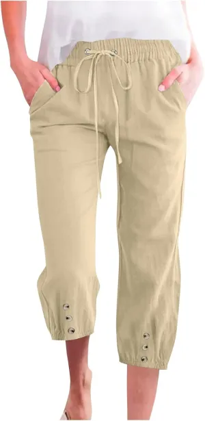Women's Cotton Linen Straight Leg Pants Elastic Drawstring Casual Trousers with Pockets Summer Beach Lounge Pants