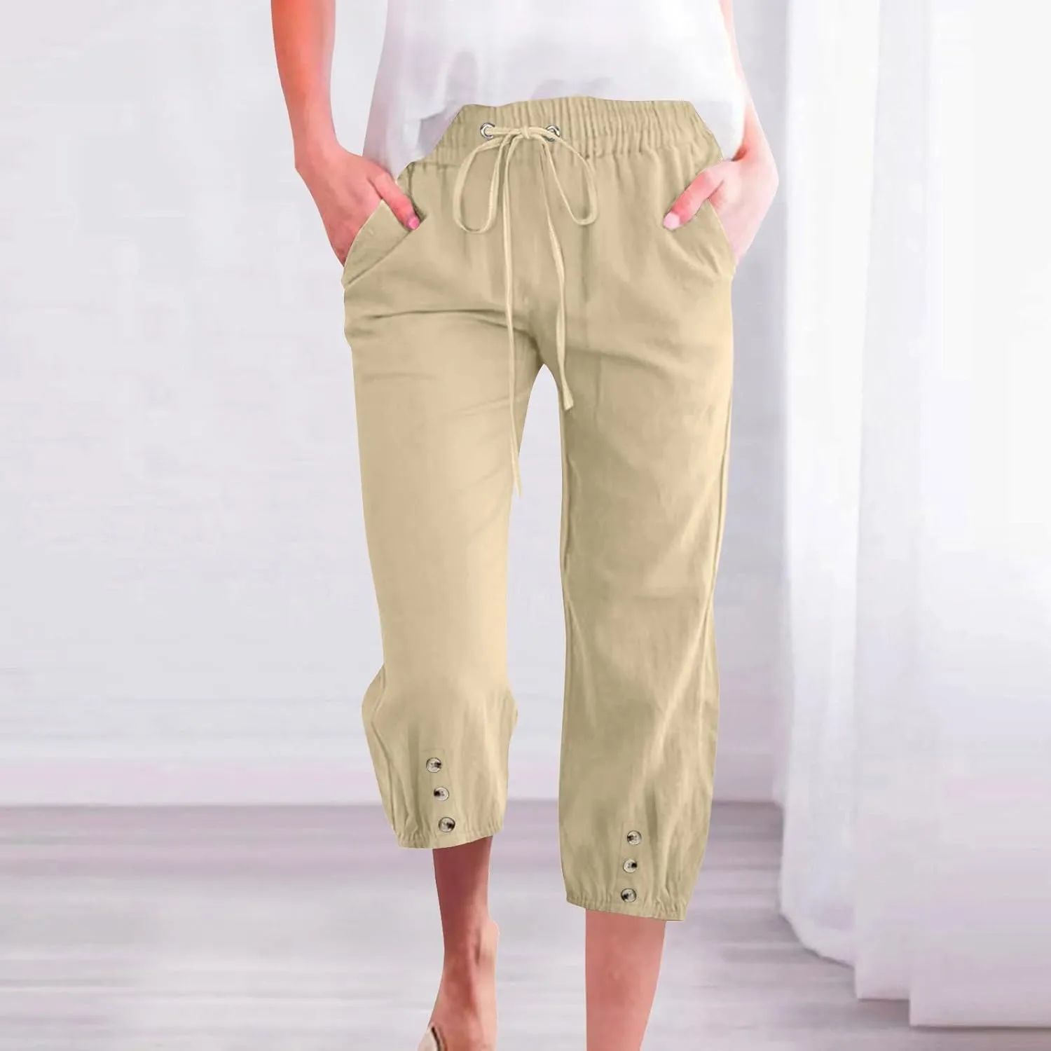 Women's Cotton Linen Straight Leg Pants Elastic Drawstring Casual Trousers with Pockets Summer Beach Lounge Pants