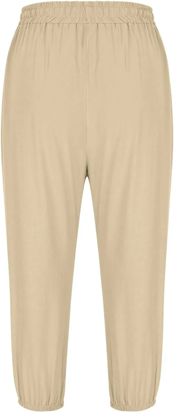 Women's Cotton Linen Straight Leg Pants Elastic Drawstring Casual Trousers with Pockets Summer Beach Lounge Pants