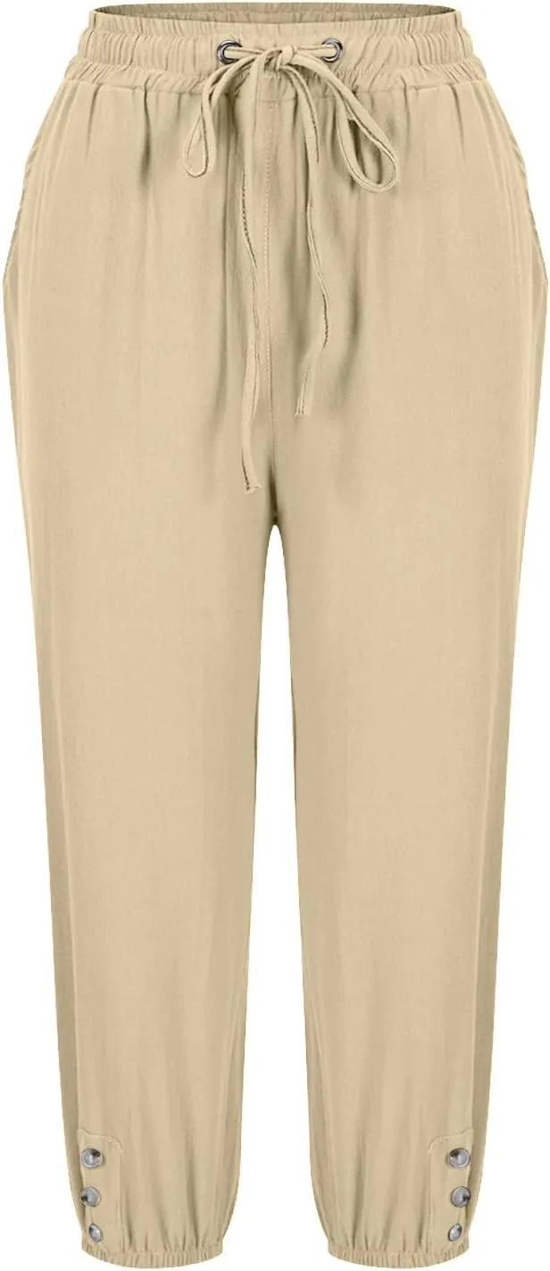 Women's Cotton Linen Straight Leg Pants Elastic Drawstring Casual Trousers with Pockets Summer Beach Lounge Pants