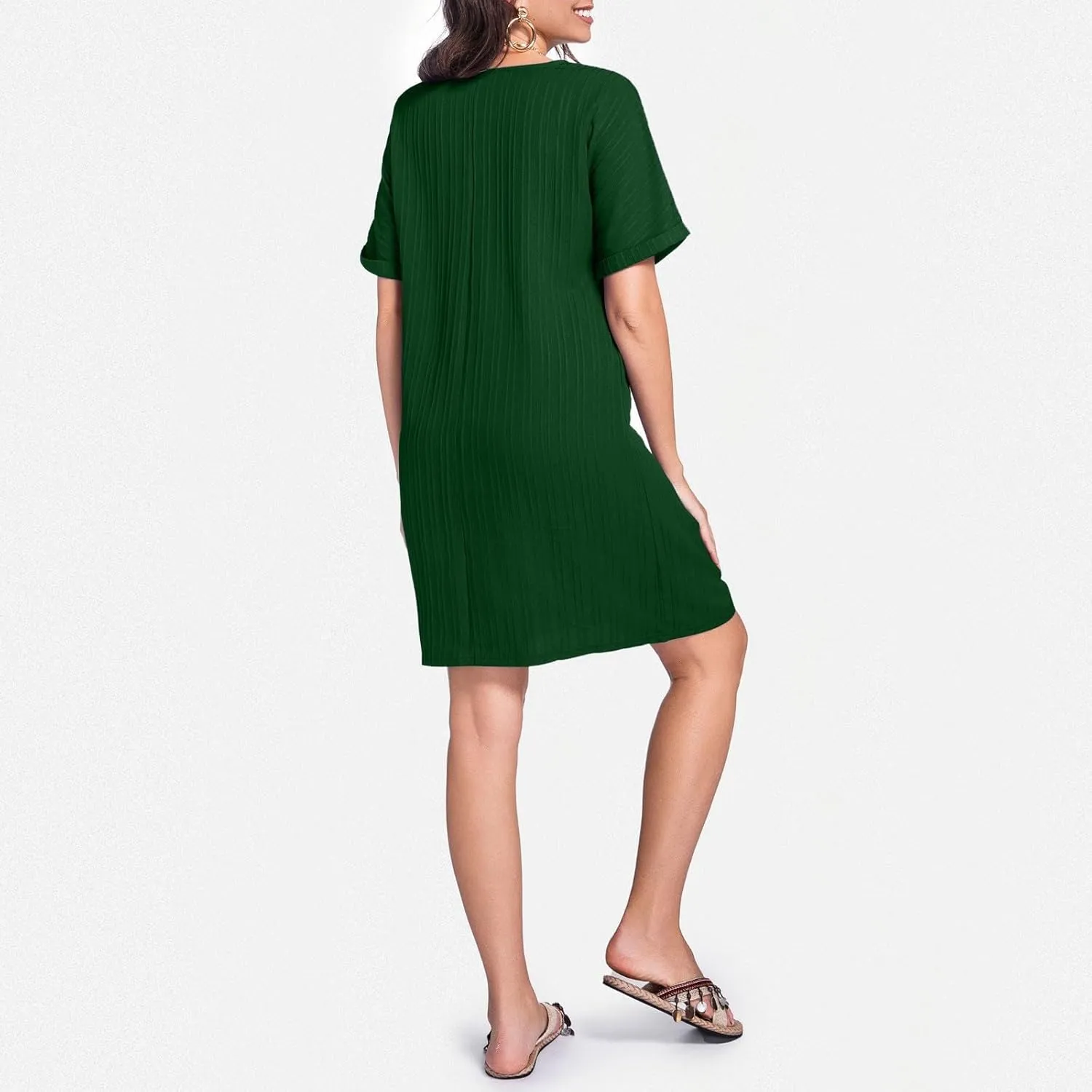 Womens Cotton Shirt Dress Summer Casual Short Sleeve Button Down Beach Cover Up Shirts with Pockets