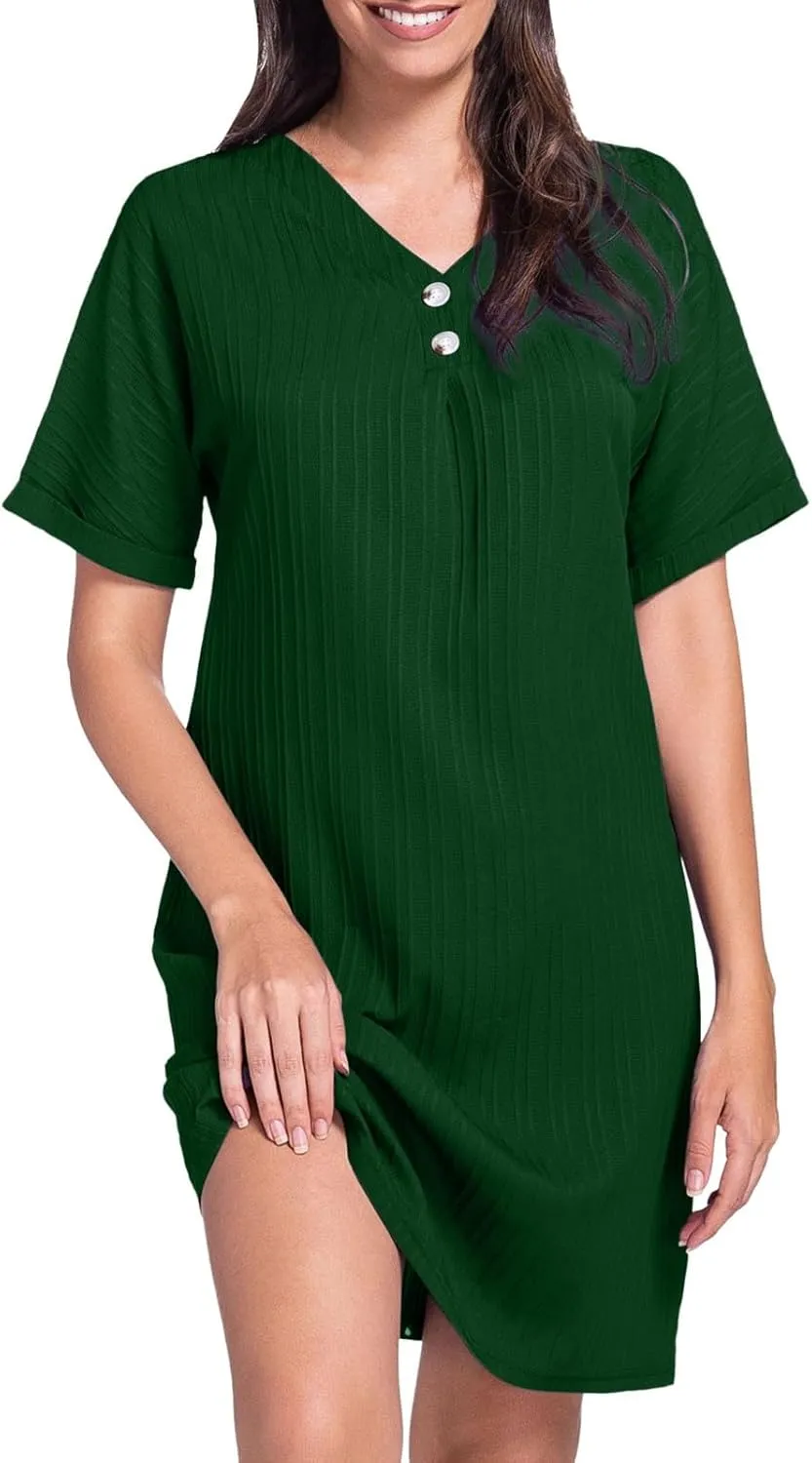 Womens Cotton Shirt Dress Summer Casual Short Sleeve Button Down Beach Cover Up Shirts with Pockets