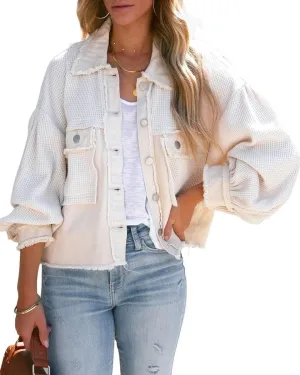 Women's Fall Casual Cropped Waffle Knit Jacket Button Down Spliced Denim Shacket Tops