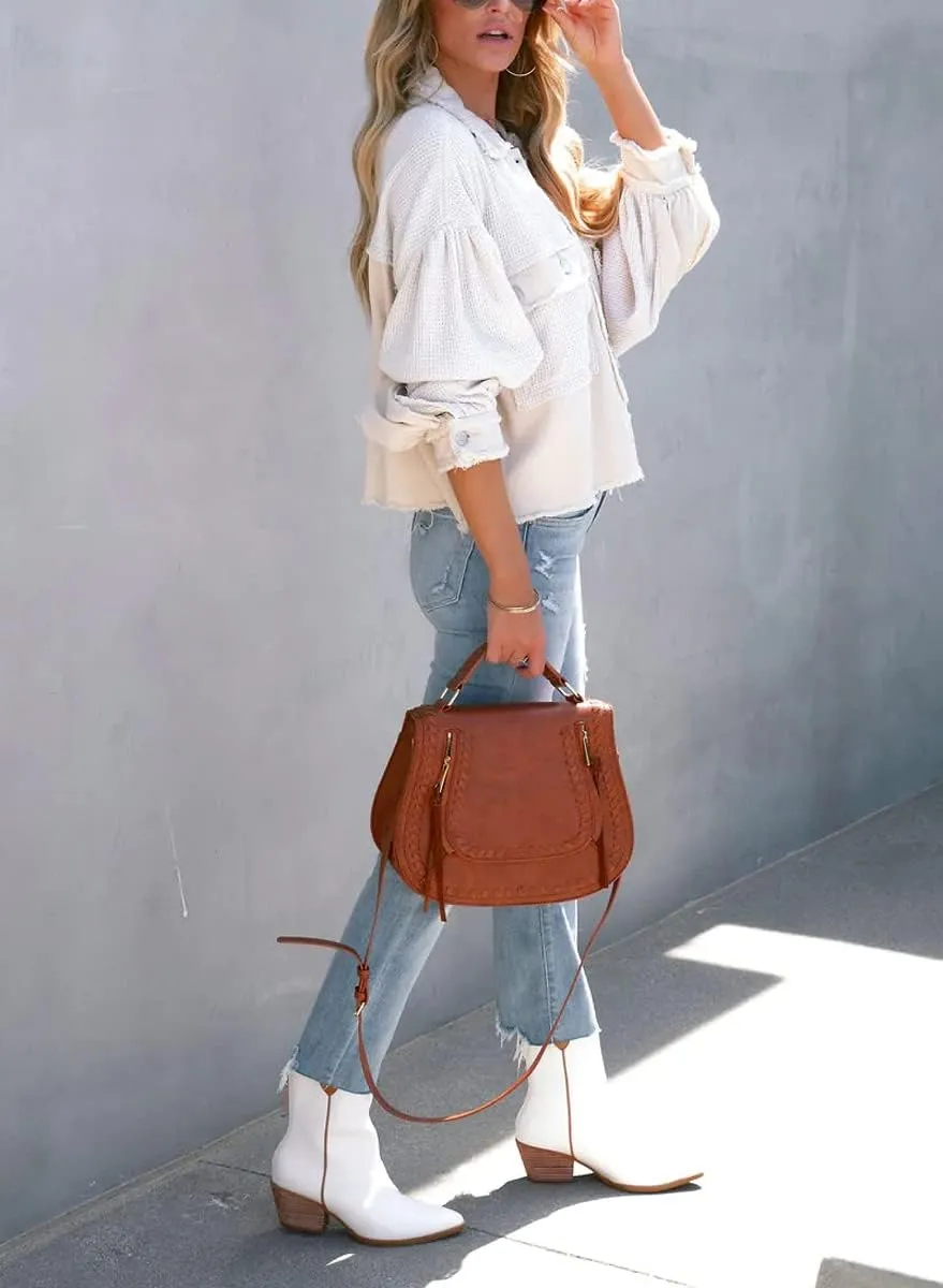 Women's Fall Casual Cropped Waffle Knit Jacket Button Down Spliced Denim Shacket Tops