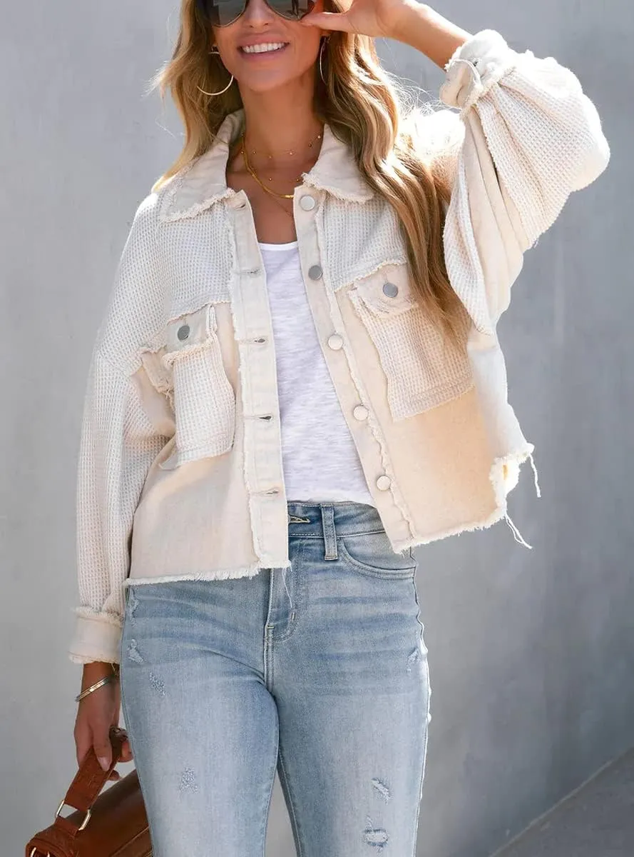 Women's Fall Casual Cropped Waffle Knit Jacket Button Down Spliced Denim Shacket Tops
