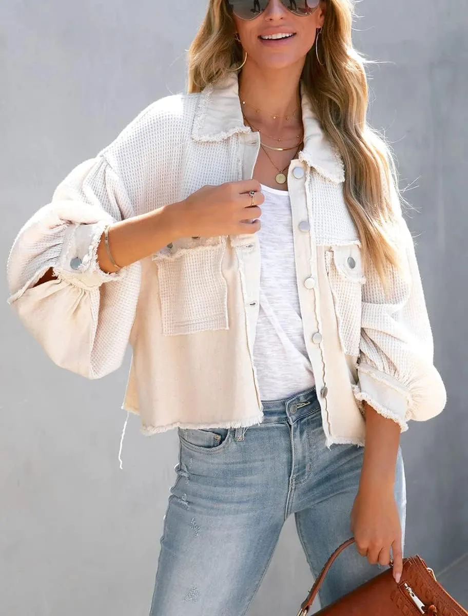 Women's Fall Casual Cropped Waffle Knit Jacket Button Down Spliced Denim Shacket Tops