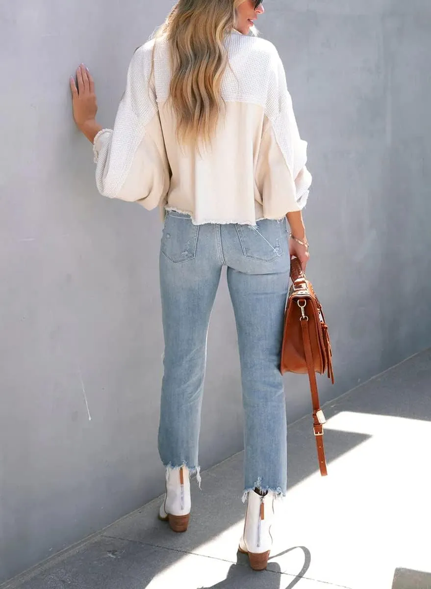 Women's Fall Casual Cropped Waffle Knit Jacket Button Down Spliced Denim Shacket Tops