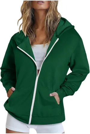 Women's Full Zip Up Lightweight Oversized Hoodie Long Sleeve Hooded Sweatshirts Jacket Coat with Pockets