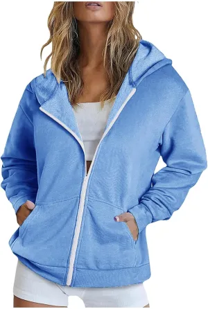 Women's Full Zip Up Lightweight Oversized Hoodie Long Sleeve Hooded Sweatshirts Jacket Coat with Pockets