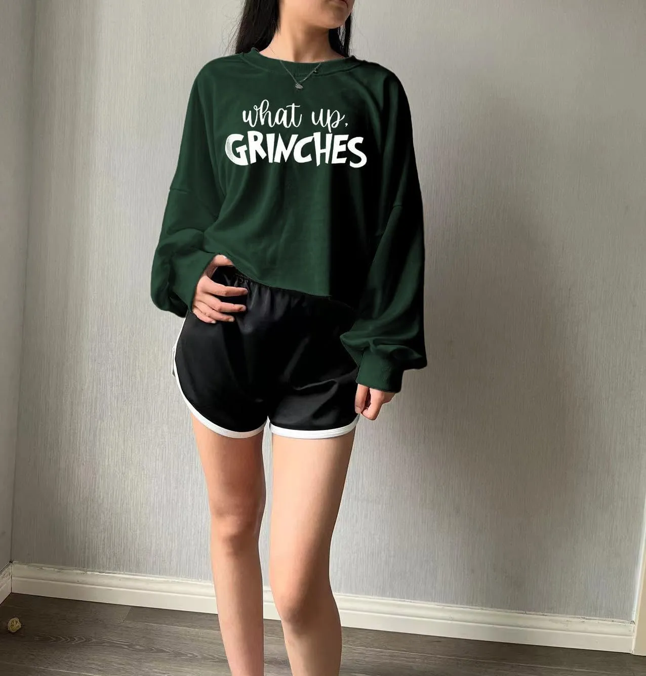 Women's Funny Christmas Graphic Crop Sweatshirts Xmas Holiday Party Casual Lantern Long Sleeve Pullover Tops