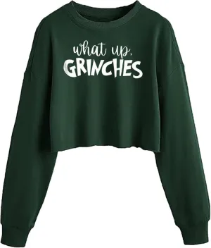 Women's Funny Christmas Graphic Crop Sweatshirts Xmas Holiday Party Casual Lantern Long Sleeve Pullover Tops
