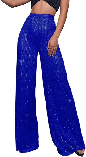 Women's Glitter Wide Leg Pants Women's Solid Color Sequins Fashion Casual Straight Pants Casual Loose Long Pant