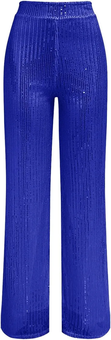 Women's Glitter Wide Leg Pants Women's Solid Color Sequins Fashion Casual Straight Pants Casual Loose Long Pant