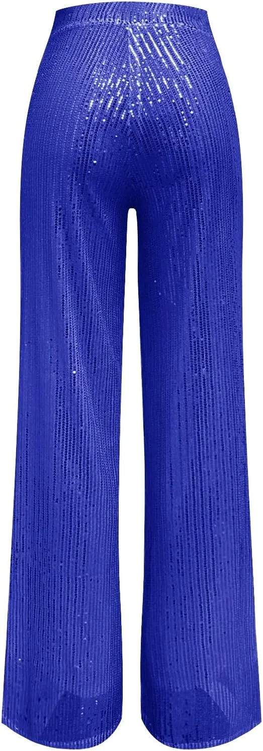 Women's Glitter Wide Leg Pants Women's Solid Color Sequins Fashion Casual Straight Pants Casual Loose Long Pant