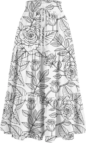 Women's High Elastic Waist Bohemian Midi Skirt - Pleated Ruffle A-Line Floral Skirt for Casual Wear