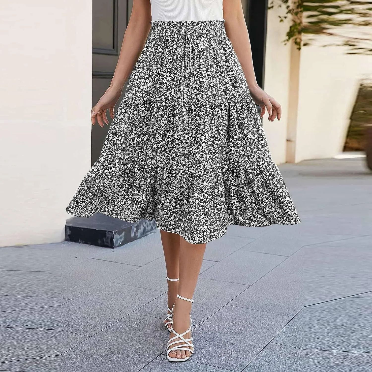 Women's High Elastic Waist Bohemian Midi Skirt - Pleated Ruffle A-Line Skirt for Casual Wear