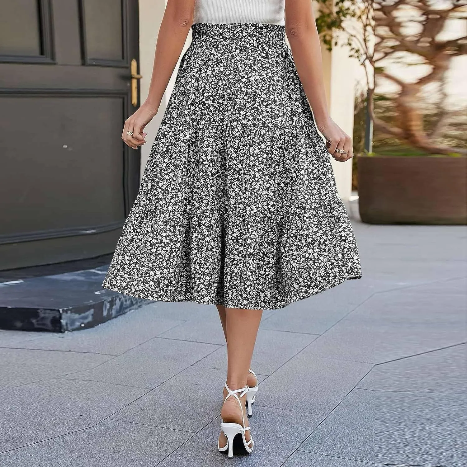 Women's High Elastic Waist Bohemian Midi Skirt - Pleated Ruffle A-Line Skirt for Casual Wear