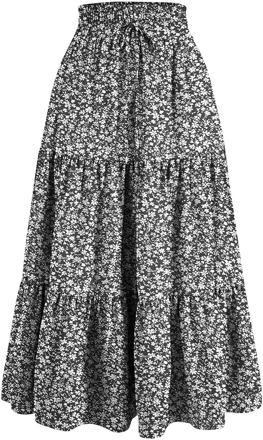 Women's High Elastic Waist Bohemian Midi Skirt - Pleated Ruffle A-Line Skirt for Casual Wear