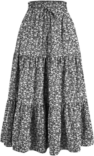 Women's High Elastic Waist Bohemian Midi Skirt - Pleated Ruffle A-Line Skirt for Casual Wear