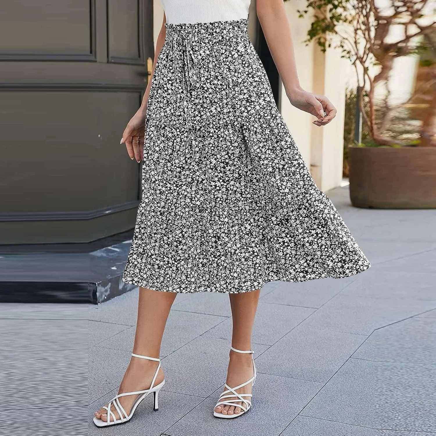 Women's High Elastic Waist Bohemian Midi Skirt - Pleated Ruffle A-Line Skirt for Casual Wear