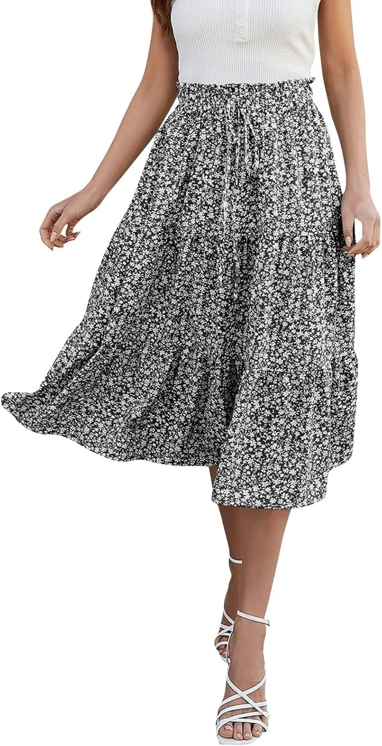 Women's High Elastic Waist Bohemian Midi Skirt - Pleated Ruffle A-Line Skirt for Casual Wear