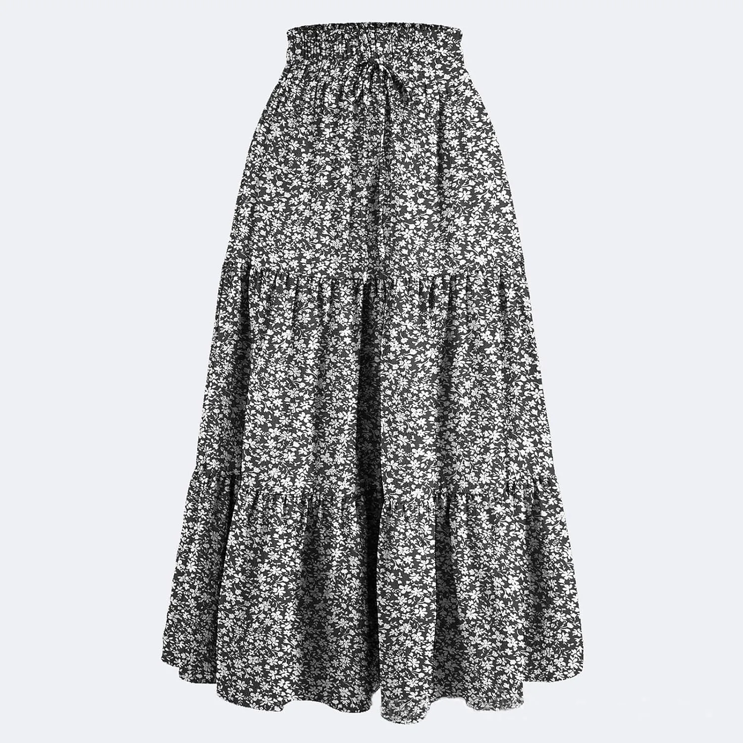 Women's High Elastic Waist Bohemian Midi Skirt - Pleated Ruffle A-Line Skirt for Casual Wear