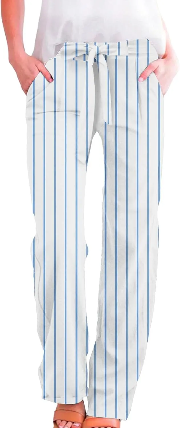 Womens High Waist Casual Linen Pants Drawstring Straight Leg Lounge Plus Size Adjustable Tie Knot Flowy Trousers