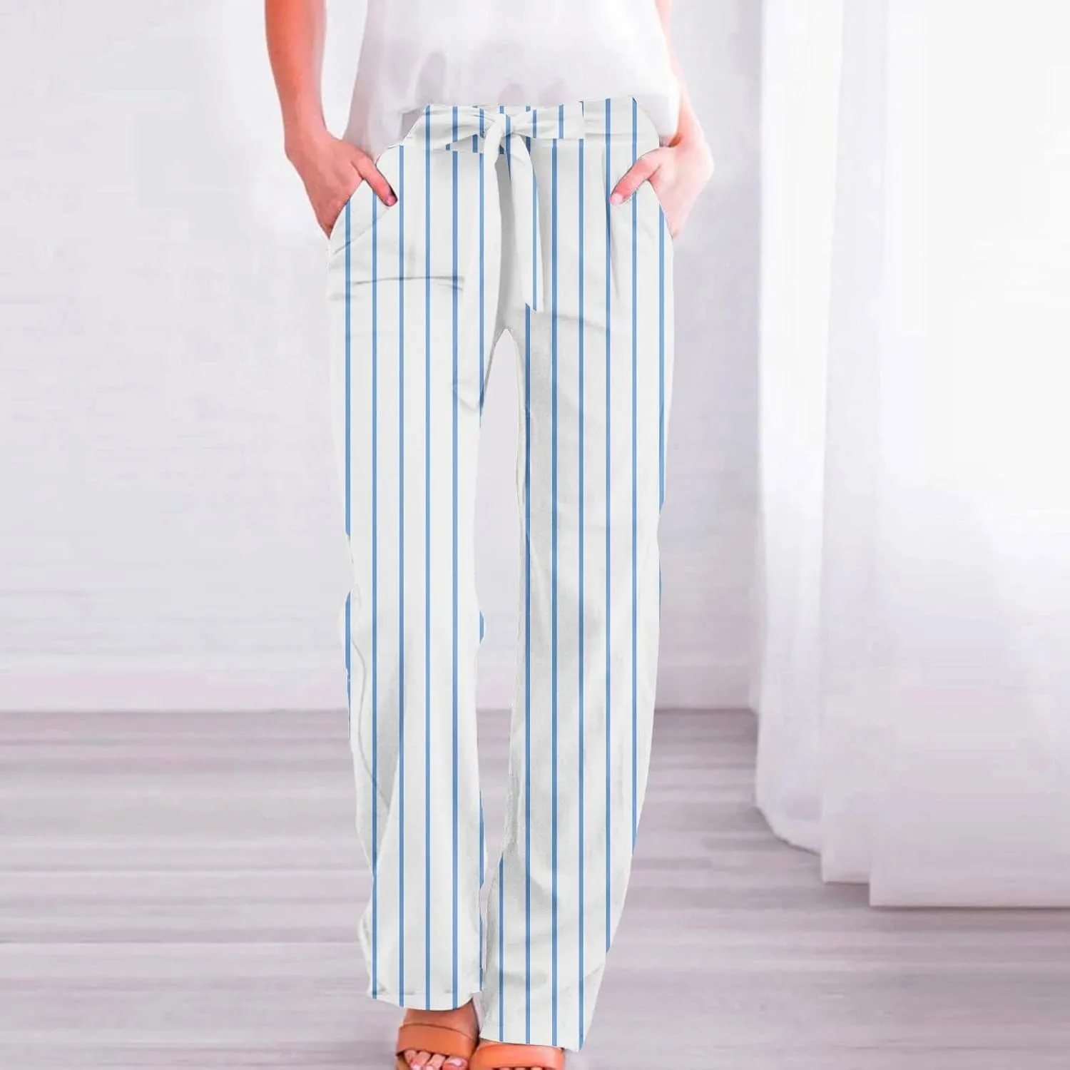 Womens High Waist Casual Linen Pants Drawstring Straight Leg Lounge Plus Size Adjustable Tie Knot Flowy Trousers