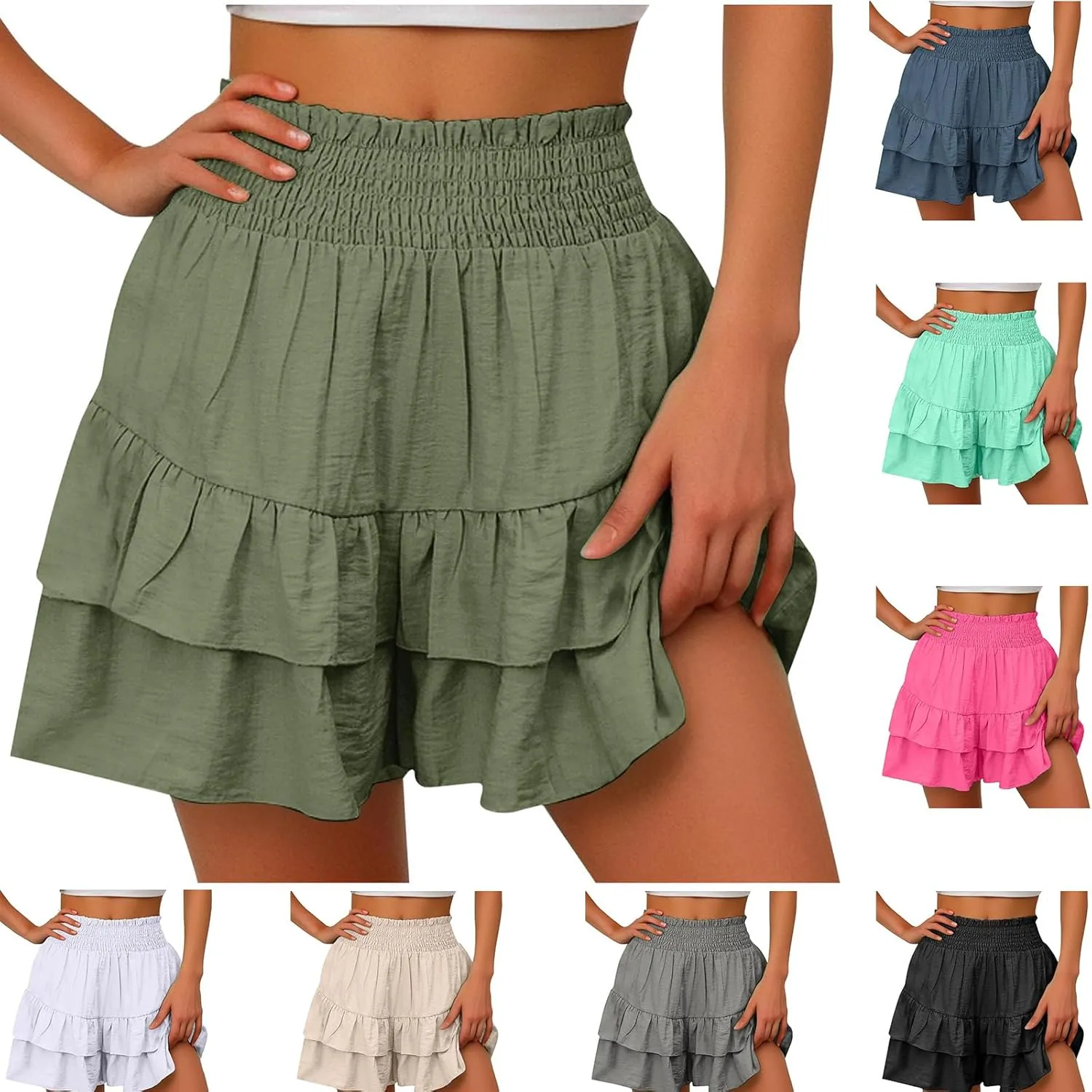 Women's High Waisted Pleated Skirts Boho Ruffle Tiered Shorts Beach Vacation Short Summer Comfy Flowy Skirt