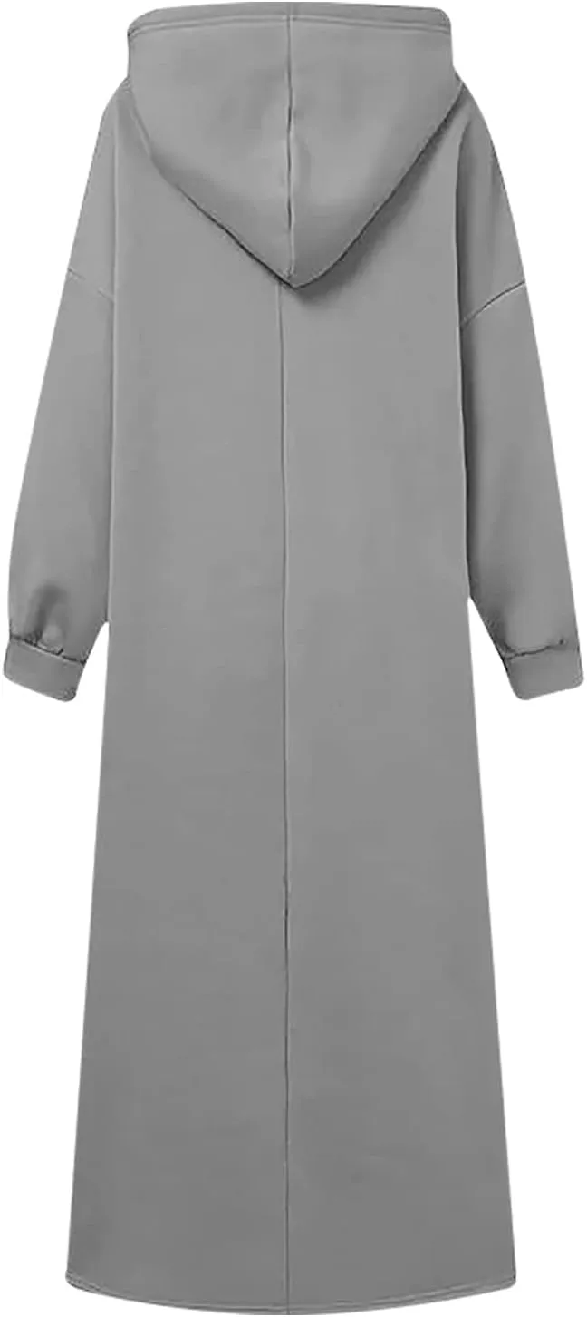 Women's Hooded Sweatshirt Side Split Tunic Dresses Long Sleeve Solid Casual Oversized Long Hoodie Pullovers Tops