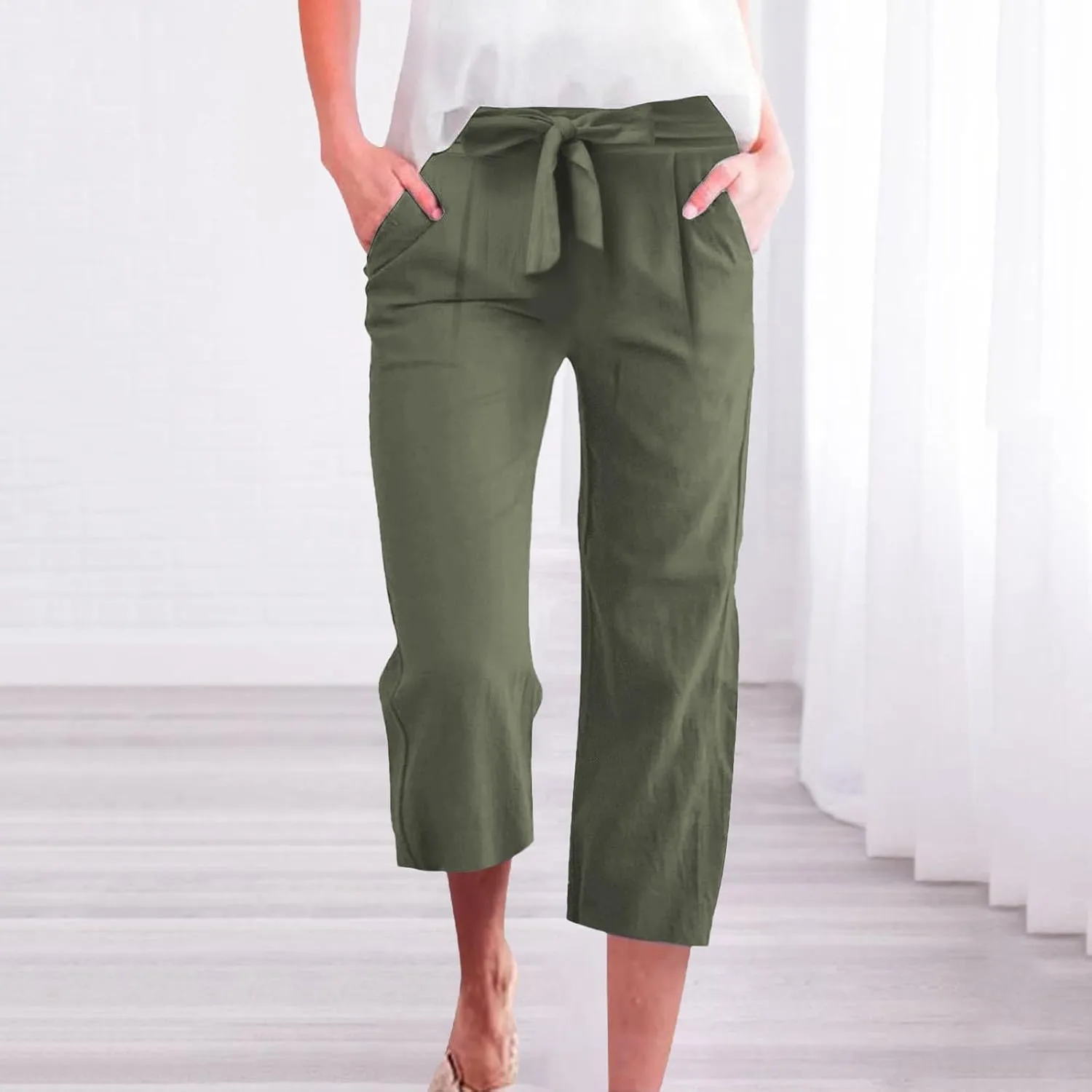 Womens Linen Capri Pants Straight Leg Elastic Waist Drawstring 2025 Summer Casual Lounge Trousers with Pockets