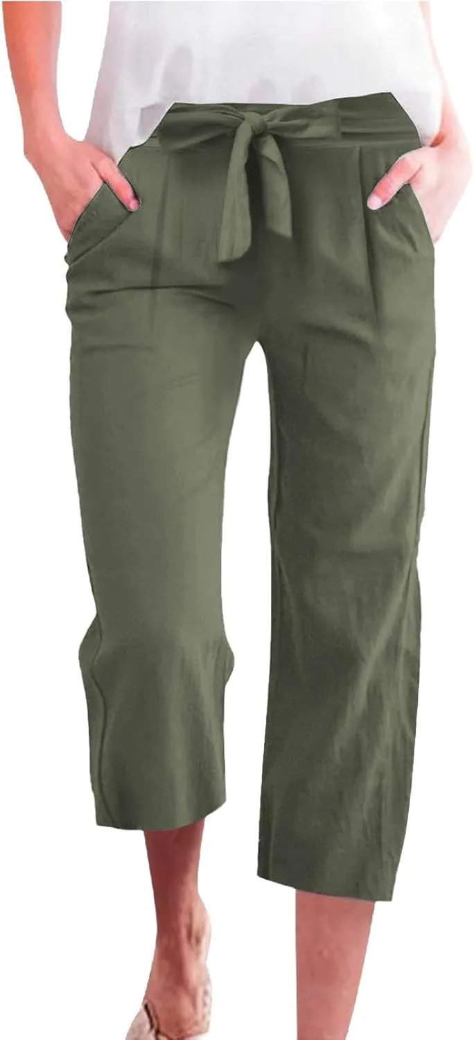 Womens Linen Capri Pants Straight Leg Elastic Waist Drawstring 2025 Summer Casual Lounge Trousers with Pockets