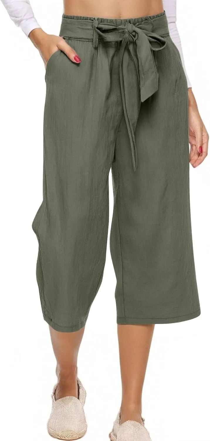 Womens Linen Capri Pants Straight Leg Elastic Waist Drawstring 2025 Summer Casual Lounge Trousers with Pockets