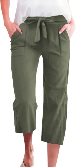 Womens Linen Capri Pants Straight Leg Elastic Waist Drawstring 2025 Summer Casual Lounge Trousers with Pockets
