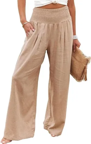 Womens Linen High Waist Pants Casual Palazzo Elastic Loose Comfy Trousers Pockets