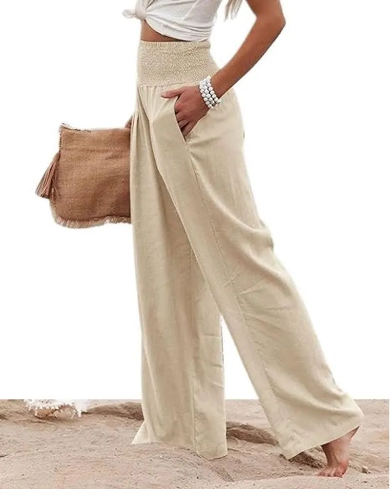 Womens Linen High Waist Pants Casual Palazzo Elastic Loose Comfy Trousers Pockets