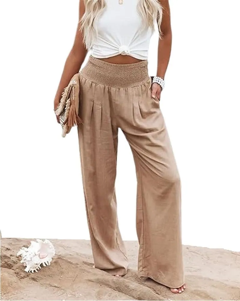 Womens Linen High Waist Pants Casual Palazzo Elastic Loose Comfy Trousers Pockets
