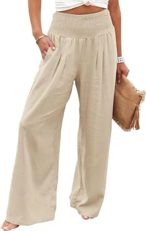 Womens Linen High Waist Pants Casual Palazzo Elastic Loose Comfy Trousers Pockets