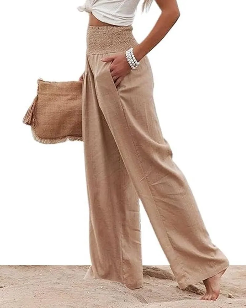 Womens Linen High Waist Pants Casual Palazzo Elastic Loose Comfy Trousers Pockets