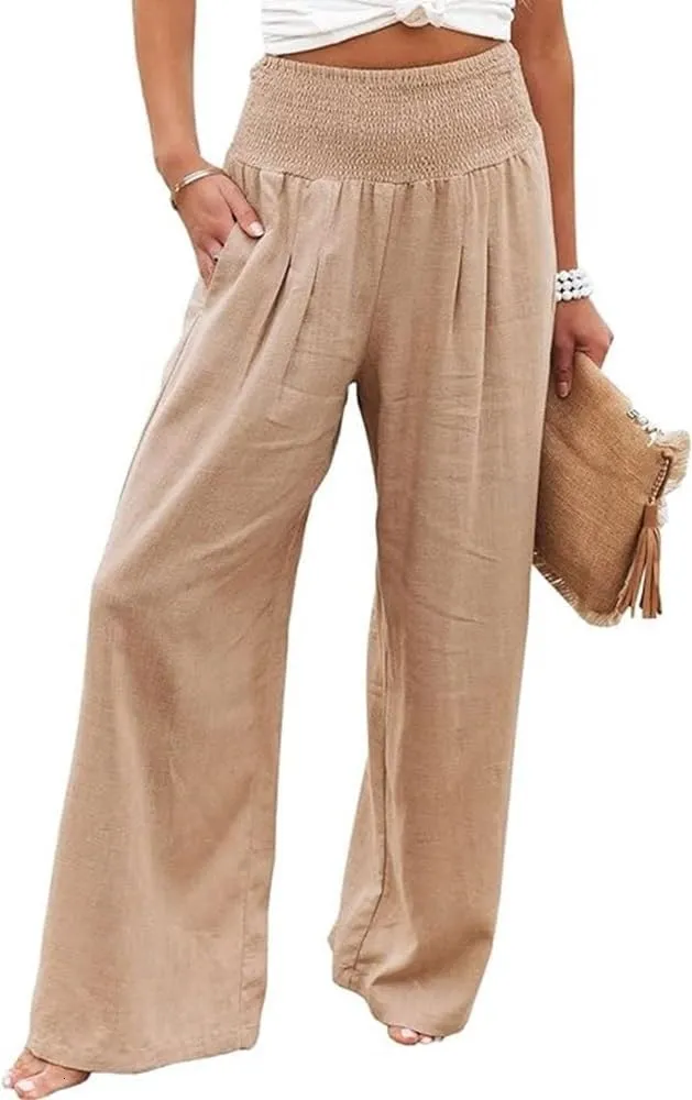 Womens Linen High Waist Pants Casual Palazzo Elastic Loose Comfy Trousers Pockets
