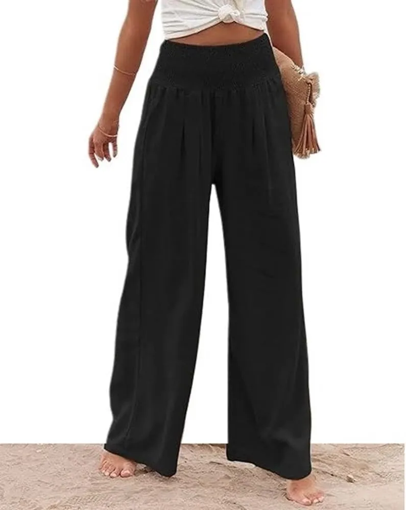 Womens Linen High Waist Pants Casual Palazzo Elastic Loose Comfy Trousers Pockets
