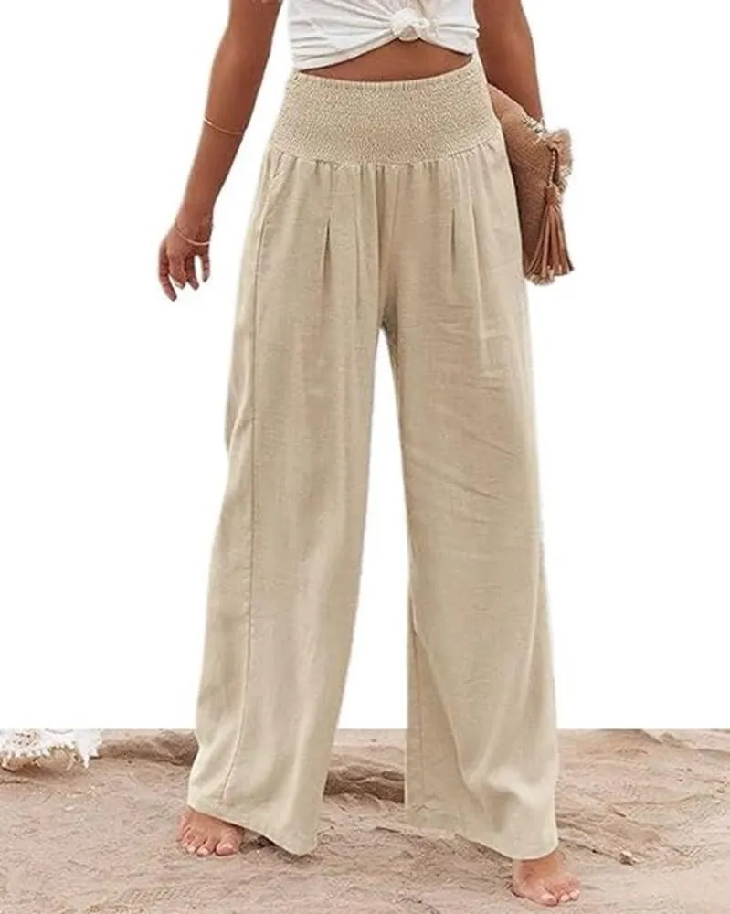 Womens Linen High Waist Pants Casual Palazzo Elastic Loose Comfy Trousers Pockets