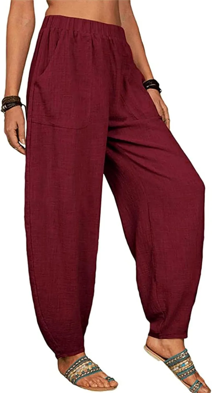Women's Linen Pants Elastic Waist Wide Leg Pant Loose Fit Tapered Trousers Summer Trendy Lounge Pants with Pockets