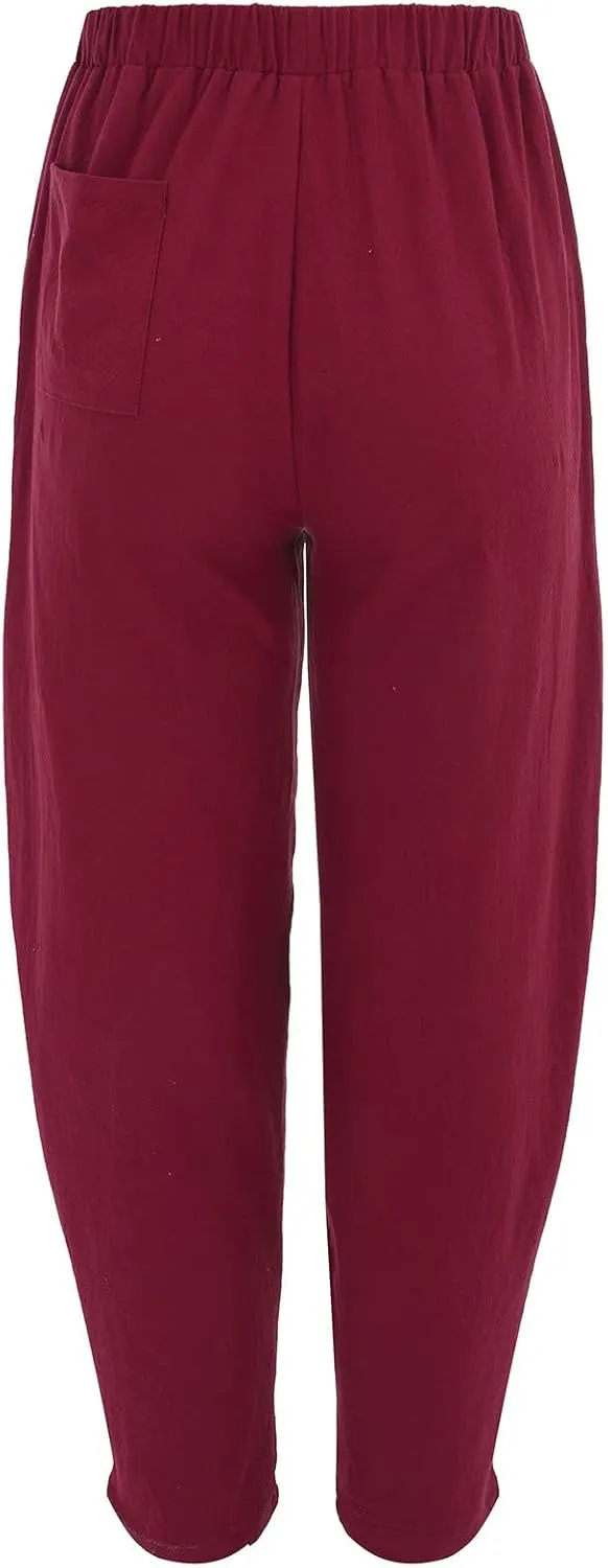 Women's Linen Pants Elastic Waist Wide Leg Pant Loose Fit Tapered Trousers Summer Trendy Lounge Pants with Pockets