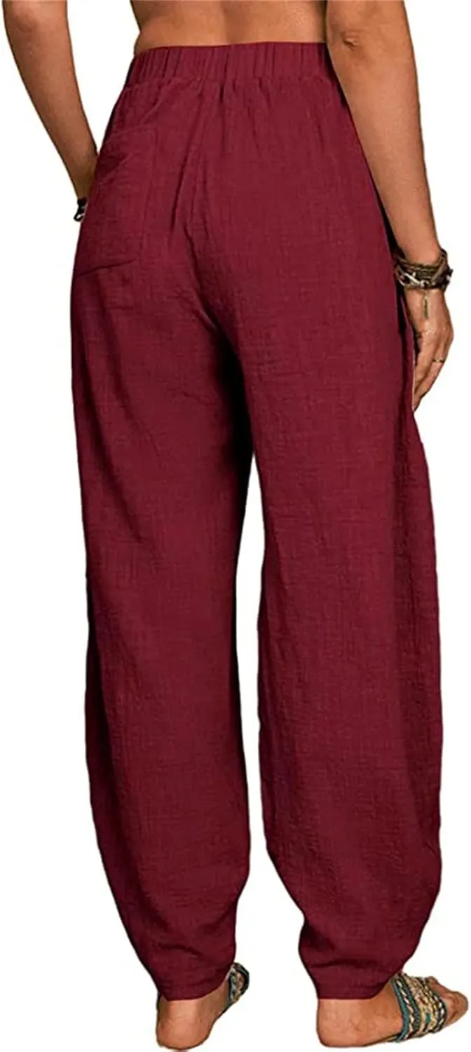 Women's Linen Pants Elastic Waist Wide Leg Pant Loose Fit Tapered Trousers Summer Trendy Lounge Pants with Pockets
