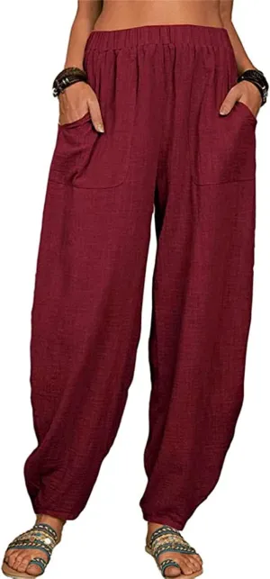 Women's Linen Pants Elastic Waist Wide Leg Pant Loose Fit Tapered Trousers Summer Trendy Lounge Pants with Pockets
