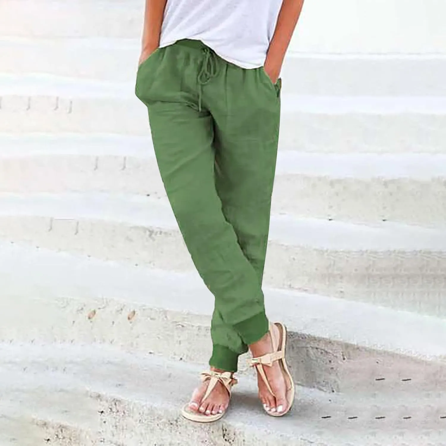 Womens Linen Pants Linen Trousers for Women Summer Casual Elastic Pants with Pockets