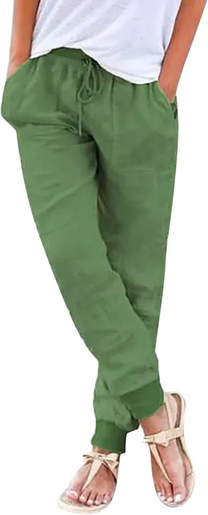 Womens Linen Pants Linen Trousers for Women Summer Casual Elastic Pants with Pockets
