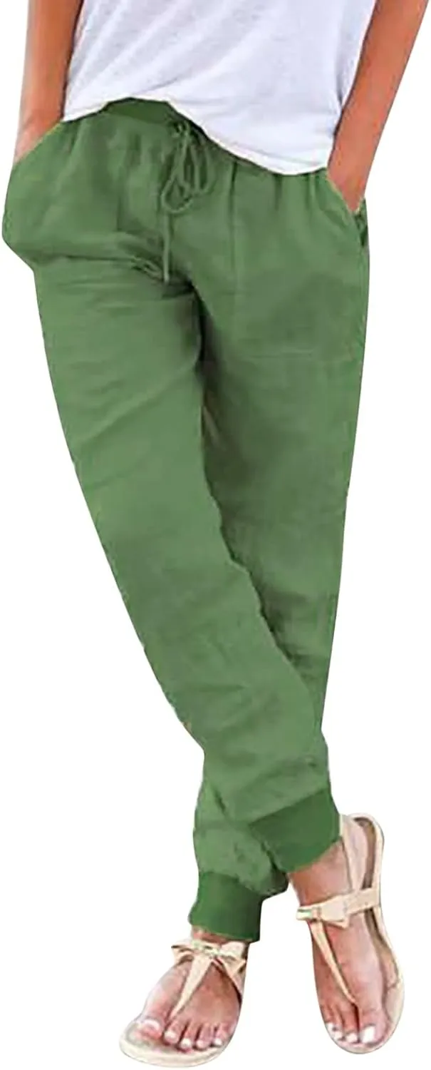 Womens Linen Pants Linen Trousers for Women Summer Casual Elastic Pants with Pockets